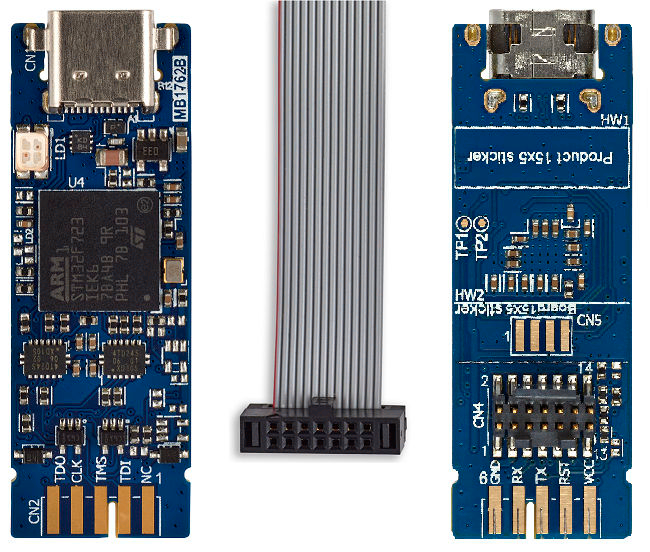 STLINK-V3MINIE top, bottom, and cable views